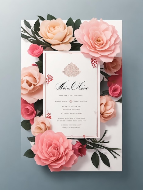 Photo beautiful wedding invitation with hand drawn pink rose design