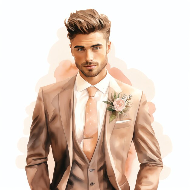 beautiful wedding mens suit by a counter dar hair in a boho style clipart illustration