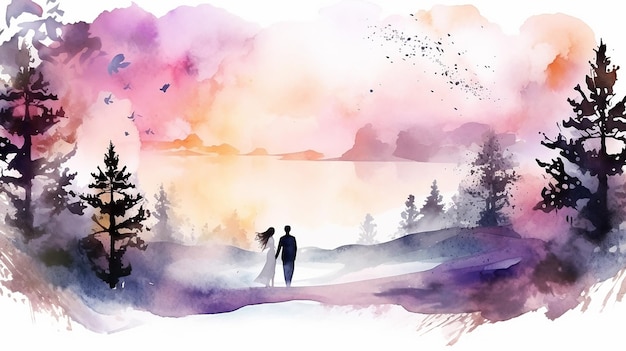 beautiful wedding theme design with abstract landscape watercolor on white background