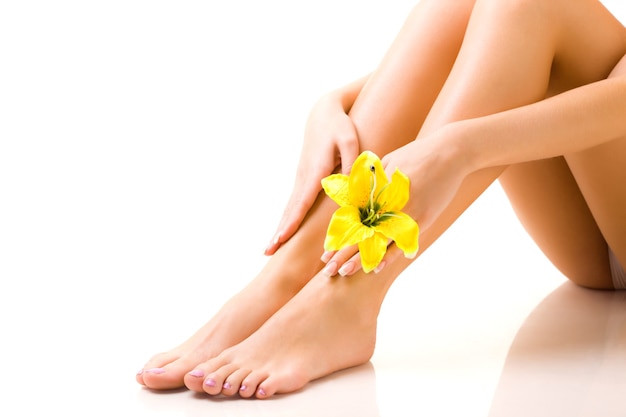 Beautiful well-groomed legs of girl with a yellow flower in her hand on a white background