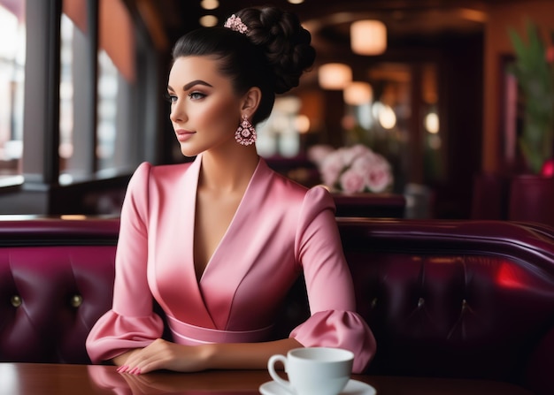 Beautiful wellgroomed elegant woman with a beautiful hairstyle in a pink dress drinking a cup of cof