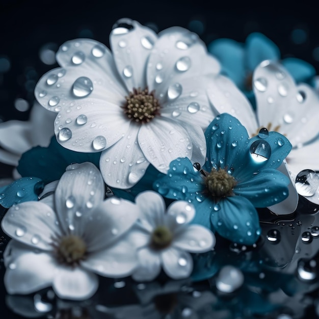 Beautiful wet white flowers with blue background generative AI