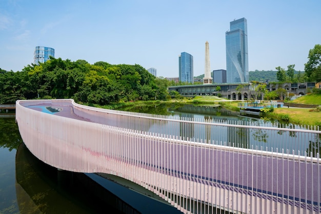 中国重慶の美しい湿地公園と都市のスカイライン