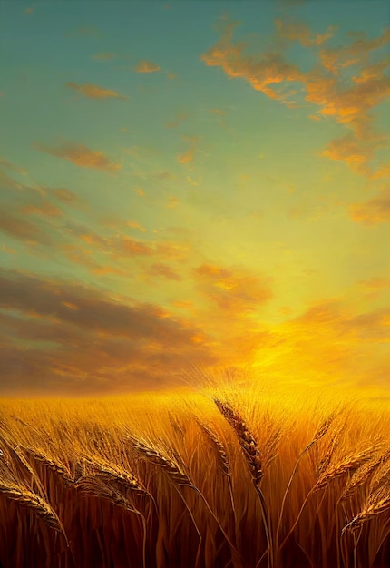 Beautiful Wheat field at sun set 3d illustrated