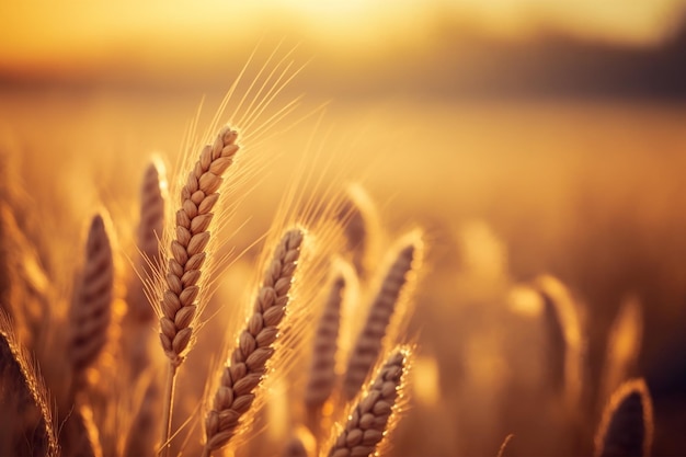 Beautiful wheat field in the sunset light. Golden ears during harvest  macro  banner format. Autumn