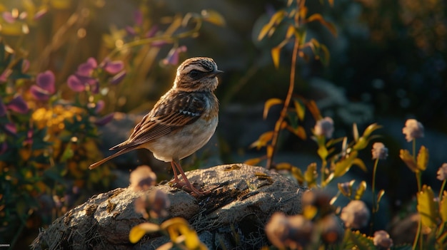 Photo a beautiful whinchat bird sitting on a flower tree branch yellow background generated ai photo