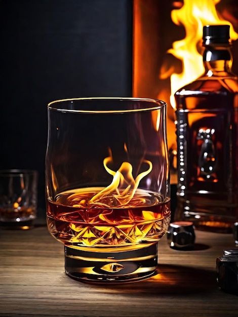 Beautiful Whiskey with fire on the table