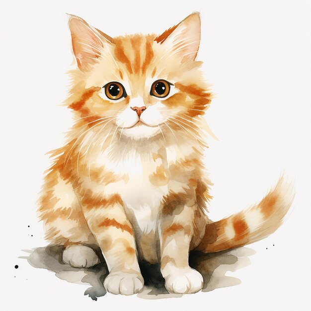 Beautiful White Background Cat Watercolor Pose