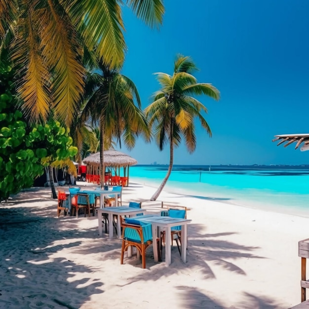 a beautiful white beach with a bar palms relax area and blue sea