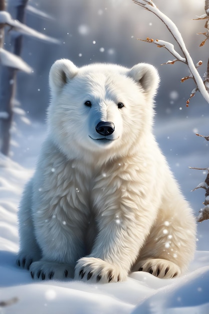 Photo beautiful white bear on a winter background with snow in backlight