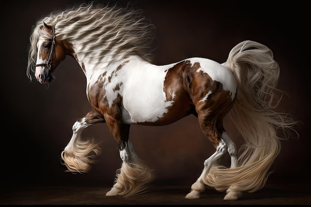 Beautiful white brown dancing horse with beautiful mane and tail