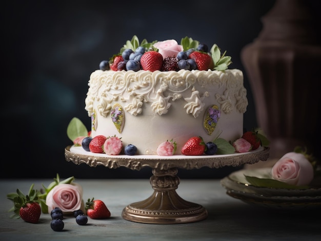 A Beautiful white cake with strawberry and blueberry generative AI