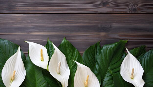 Beautiful white calla lilies and green leaves on wooden background