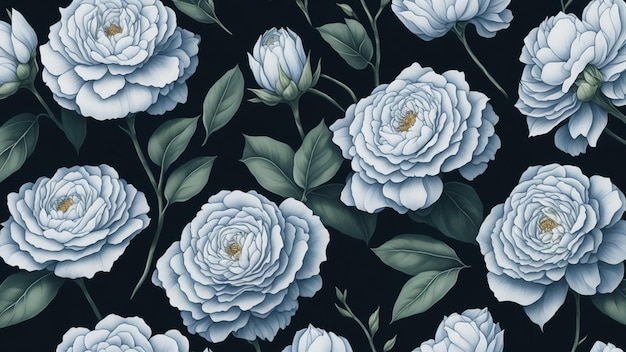 Beautiful white camellia flower with dark background tile seamless repeating pattern Generative AI