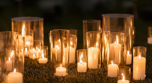 Photo beautiful white candles lit on the floor at night