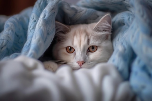 Beautiful white cat lying on the bed under a blue plaid with AI generated