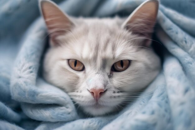 Beautiful white cat lying on the bed under a blue plaid with AI generated