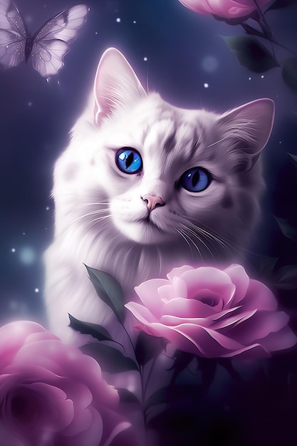 Красивый белый кот и розовые фиолетовые цветы Генеративный AI