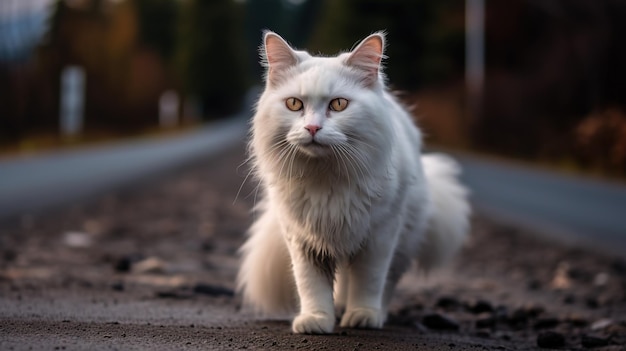 写真 道路を歩く美しい白猫