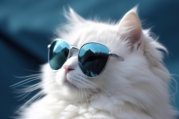 Beautiful white cat with blue sunglasses on blue background closeup