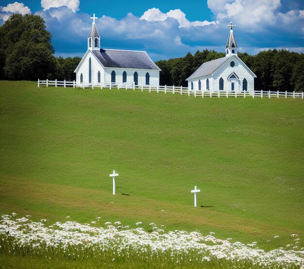 Foto bella chiesa bianca e fiori sul campo