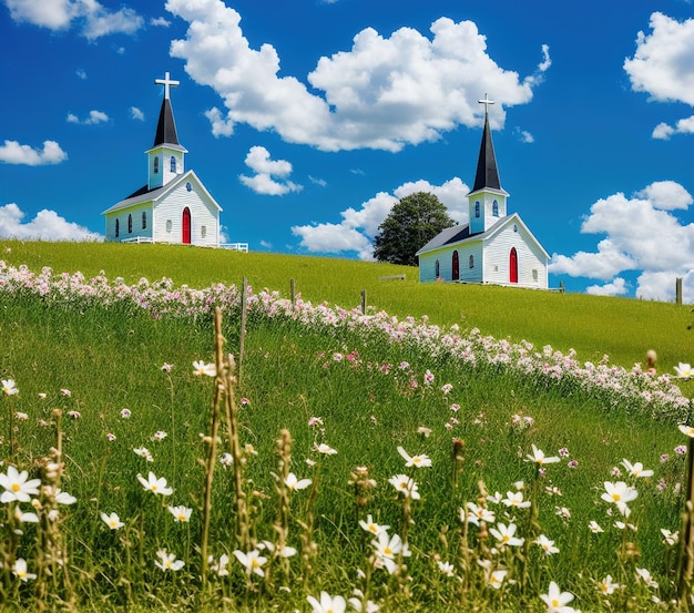 beautiful white church and flowers on the field