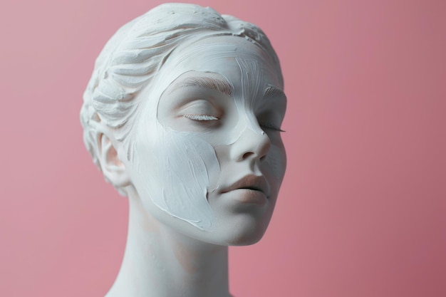 Фото Красивая белая глиняная маска на лице скульптуры афродиты на розовом фоне