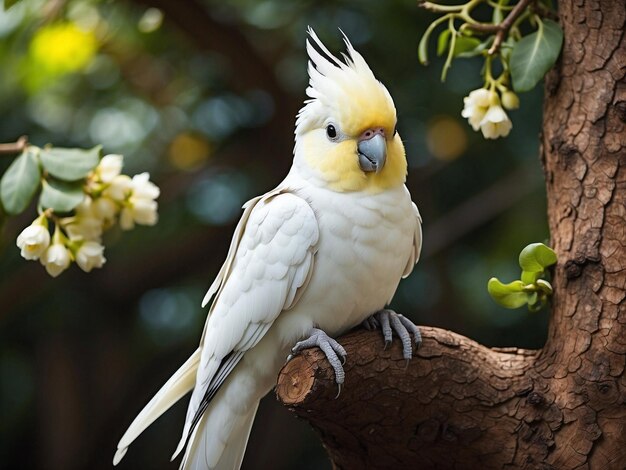 Foto bellissimo cockatiel bianco seduto sull'albero