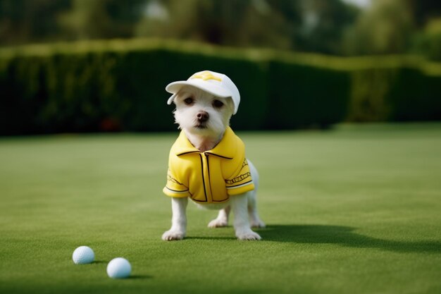 beautiful white dog on golf course wearing yellow uniform