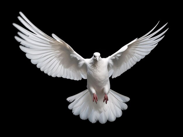 Beautiful White Dove Flapping Its Wings Isolated on Black Background Generative AI