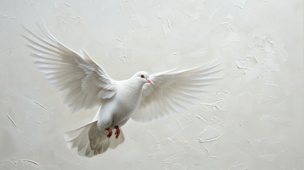 Foto una bellissima colomba bianca vola con le ali spalancate sullo sfondo è un semplice colore bianco la colomba è un simbolo di pace e speranza