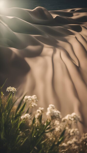 Beautiful white flowers on the background of sand dunes Summer landscape