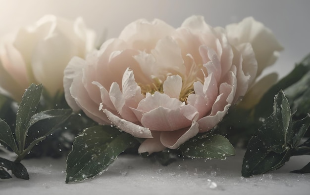 beautiful white flowers Peony on snow absract background