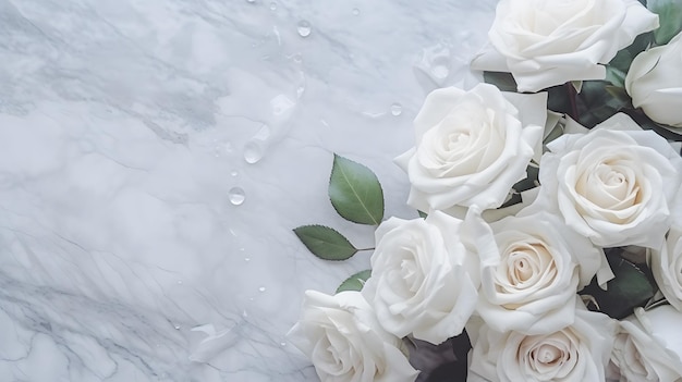 Beautiful white flowers roses over marble background