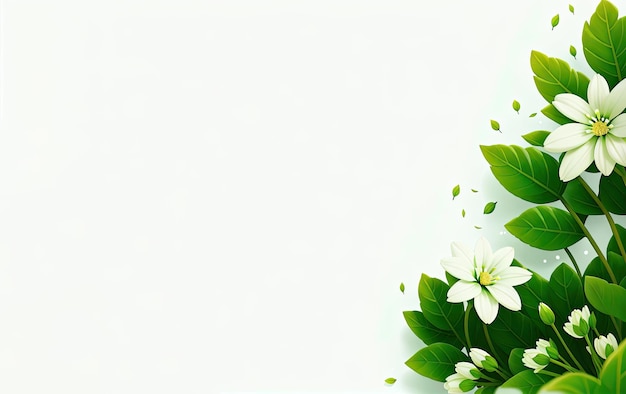 テキストのスペースのある白い背景に緑の葉を持つ美しい白い花