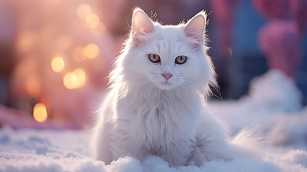 Photo beautiful white fluffy turkish angora cat on snow background generative ai