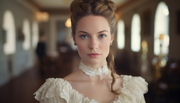 A beautiful white girl wearing a gorgeous dress standing in the corner looking at the camera