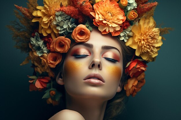 Beautiful white girl with flowers Stunning brunette girl with big bouquet flowers of roses Closeup