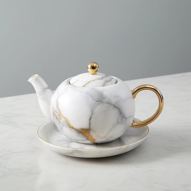 Beautiful white gold marble teapot and cup pictures AI Generated art