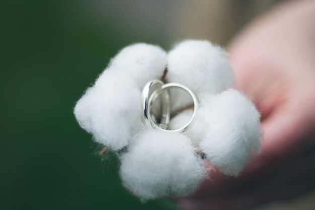 Beautiful white gold wedding ring on cotton flower