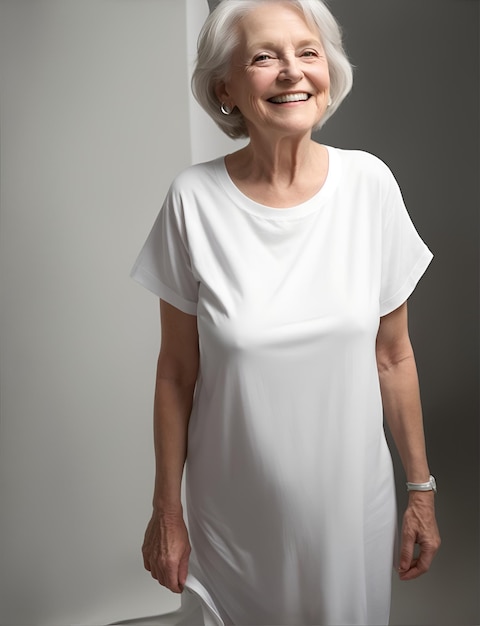 Beautiful white grandmother old woman smiling in white blank tshirt Mockup