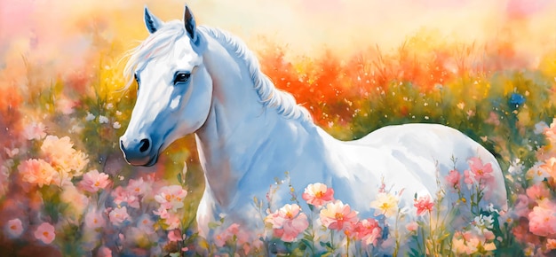 Beautiful white horse in a colorful field with flowers in watercolor painting style