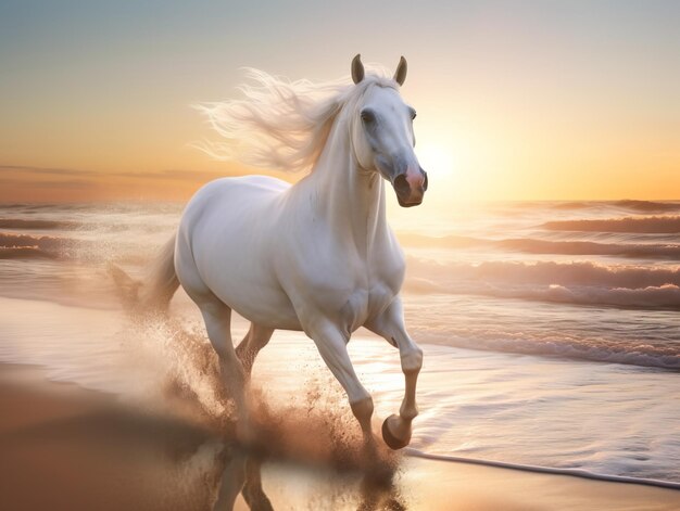 ビーチに沿って疾走する美しい白い馬 生成 AI | Premium AI生成画像