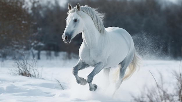 Photo beautiful white horse galloping in the snowgenerative ai