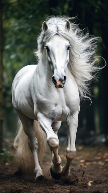 A beautiful white horse running on the ground