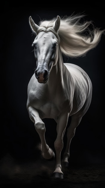 Beautiful white horse with long mane in motion on black background Generative AI