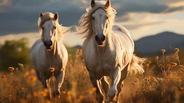 Beautiful white horses run gallop in the meadow at sunset