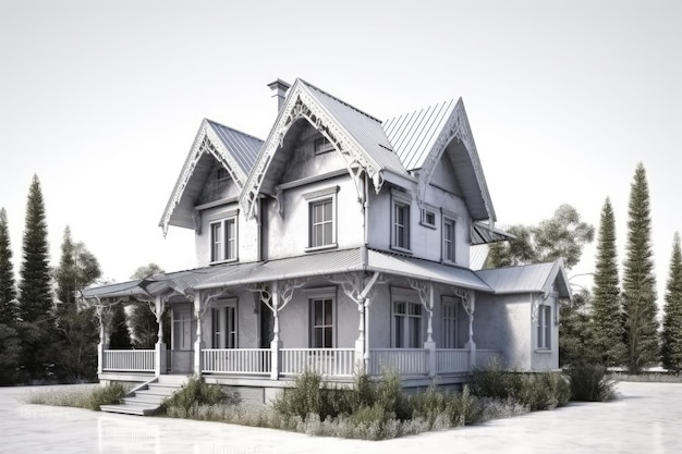 넓은 베란다와 잔디가 있는 아름다운 하얀 집 Generative AI