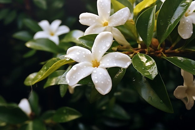 beautiful white jasmine flowers on a green leafy space