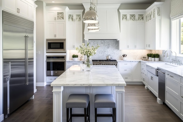 Beautiful white kitchen with a big island in a brand new mansion includes a substantial